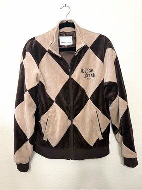 Teddy Fresh brown and tan diamond velour track jacket size S